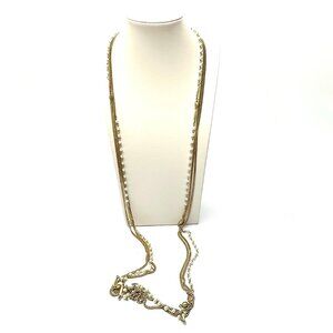 Long 47" Triple-Strand Gold & Pearl Necklace — Vintage 1960s-70s Elegance – EUC